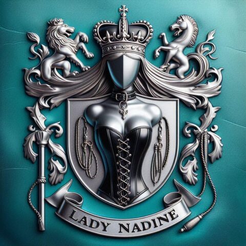 Ein silbernes Wappen mit einer gekrönten Figur in einem Korsett, flankiert von einem Löwen und einem Pferd auf einem blaugrünen Hintergrund, mit dem Text „Lady Nadine“ darunter.