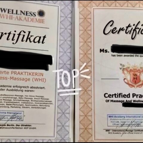 Zwei Zertifikate für die Wellness-Massage-Zertifizierung (mit geschwärzten Namen und Angaben) von der WHI-Akademie und der WHI-Academy International.